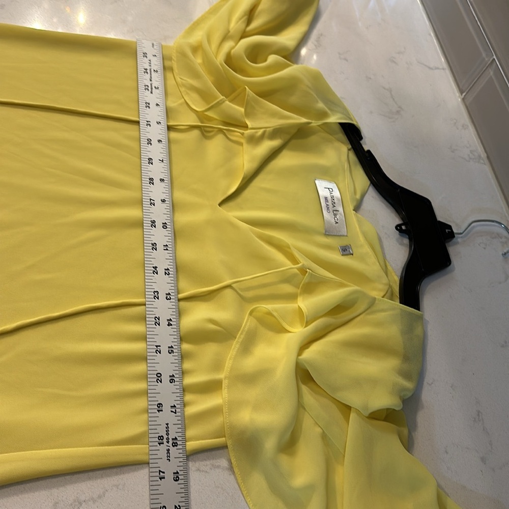 P. LUCA MILANO YELLOW V-NECK W/TIE RUFFLE MIDI‎  DRESS~ SIZE SMALL CLASSY - Picture 7 of 9
